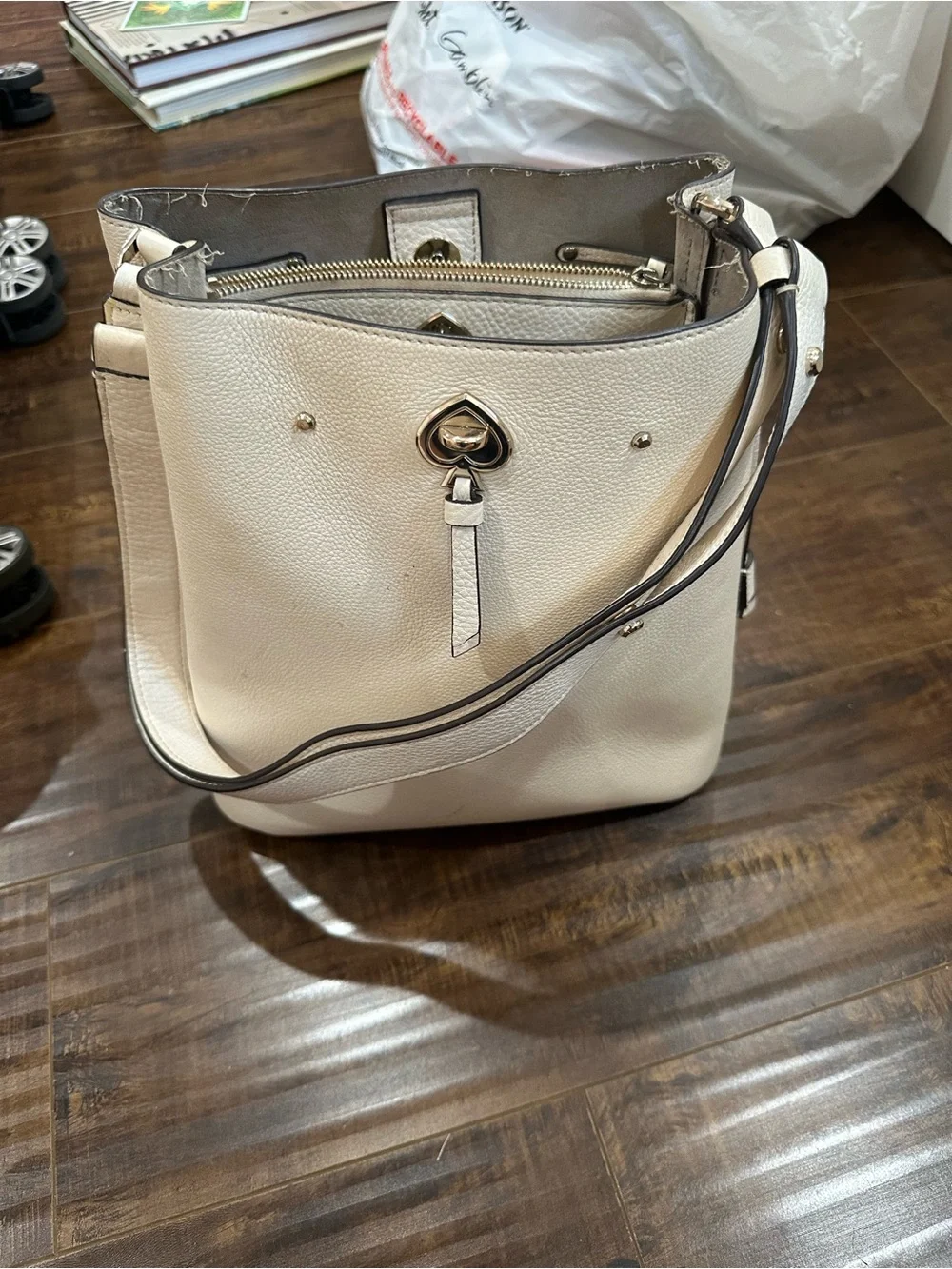 kate spade Cream Pebbled Leather Bucket Shoulder Bag with Gold Hardware